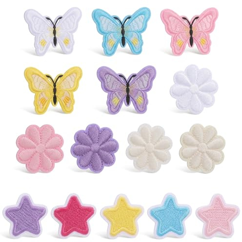 Hadnves 15 Pcs Iron on Patches Embroidered Clothes Appliques Cute Aesthetic Decorative Sew on Patch for Hats Jeans Backpacks Jacket Shoes DIY Repair Clothing, Stars Flowers Butterfly Shapes