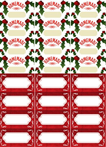 Nutley's 96 x Adhesive Christmas Labels - Festive Red & Holly Designs, Jam Jars, Chutney