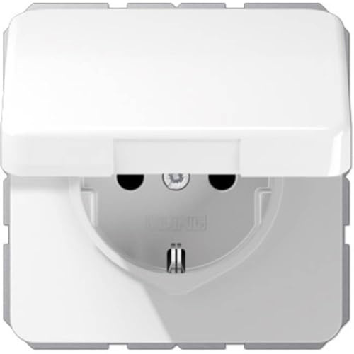 Jung Schuko Steckdose 16 A 250 V Bruchsicher mit Berührungsschutz und Klappdeckel Serie CD Alpinweiß, 1 Stück, CD 1520 BFKIKL WW