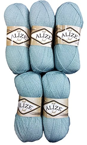 5 x 100 g Alize Glitzerwolle SAL zum Stricken und Häkeln, 500 Gramm Metallic – Wolle (graublau 114)