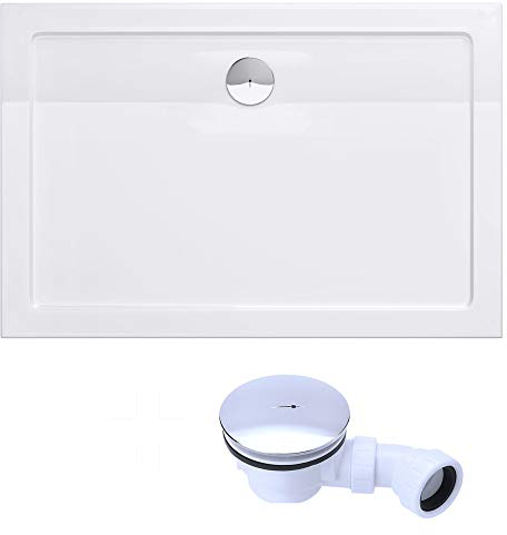 doporro Duschtasse Duschwanne 80x110x4 flach inkl. Ablaufgarnitur AL02 aus Acryl in Weiß DIN-Anschlüsse für bodenebene Montage geeignet Faro2