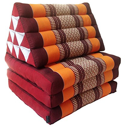 Traditional Thai Kapok 3 Fold Meditation Mattress with Oriental Style Triangle Recliner Cushion for Yoga Massage or Relaxation (Orange, Maroon)