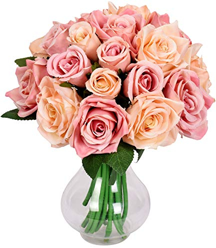 Famibay Rose Artificial Flowers for Decoration Silk Fake Flowers Artificial Bouquet 18 Rose Heads for Craft Bridal Bouquet for Wedding (Champagne Pink,No Vase)