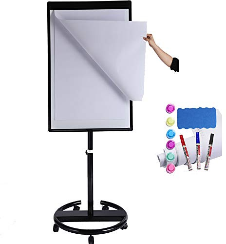DexBoard 40 X 28 Inch Mobile Magnetic Whiteboard on Wheels, Rolling Dry Erase Board Easel on Height Adjustable Stand with Flipchart Paper Pad (25 Sheets) for Class Teaching, Office Meeting & Workshops