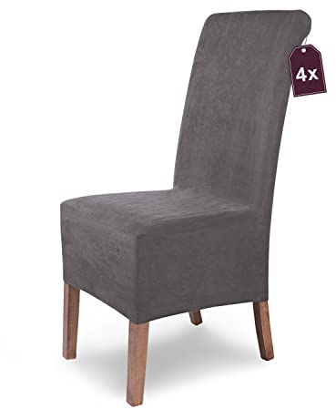 SCHEFFLER-Home Stuhlhussen 4er Set Leon Grau/elastische Wildleder Hussen für Stühle/Robustes Freischwinger Hussen Set/Stuhlhussen Stretch & Lederoptik/Stuhl Hussen waschbar