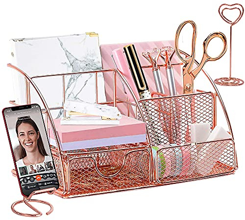 Organizador de Escritorio,Organizador Escritorio Oro Rosa con Soporte para Teléfono/Lapiceros para Escritorio/Portalapices para Mujeres,Niña, Metal Accesorios Escritorio para Oficina,Hogar