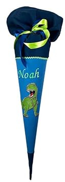 Glückspilz Schultüte mit Namen personalisiert, Dinosaurier, Zuckertüte aus Stoff, mit Kissen, Blau