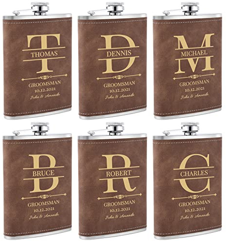 Petacas de Alcohol Personalizados, un Paquete de 6 Cantimplora a Medida 8oz/227ml como Regalo para los Padrinos de Boda, Frasco de Bolsillo Personalizada para Despedidas de Soltero y Bodas(Marrón)