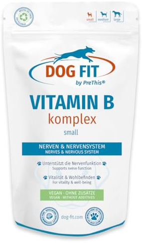 DOG FIT by PreThis® Vitamin B Komplex für Hunde | Mit aktivem B12 (Methylcobalamin) | Vegan & ohne Zusätze | Normale Nervenfunktion, Energie & Vitalität I small bis 10kg | 60 Kapseln