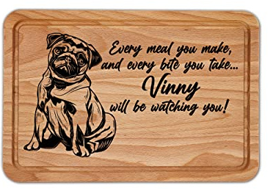 Personalised Pug Wooden Chopping Board, Custom Birthday Gift for Dog Loving Mum, Present Idea for Pug Puppy Owner, New Home Owner Kitchen Accessories, 300mm x 200mm, Natural