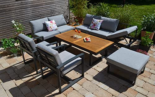 Bomey Ecklounge Santorini ACACIA Wood XL I Lounge-Set bestehend aus höhenverstellbaren Tisch, Hocker & 2 Lounge Sesseln I Tischplatte und Seitenablage der Sofagarnitur aus hochwertigem Acacia Hartholz
