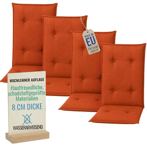 Pillows24 Hochlehner Auflagen 4er Set 120x50x8cm, Wasserabweisend | Premium-Material 200gsm, Extra dicke Polsterung 8 cm, Sitzauflagen Hochlehner, Sitzkissen Gartenstuhlauflagen, Orange