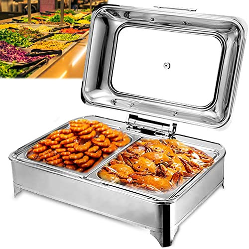 RSHJD Elektrische Speisewärmer Buffet, 9L Buffetwärmer Edelstahl Chafing Dish mit Sichtbarer Abdeckung, Kommerziell Warmhaltebehälter Essen für Party und Hotel, 30-85° Temperatur Regulierbar