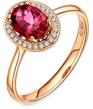 Lieson Damen Ringe Für Verlobung, 18K Rotgold Ringe Damen Halo mit Oval Turmaline 0.8ct Hochzeit Ringe Frauen Eheringe Diamant Gr.65 (20.7)