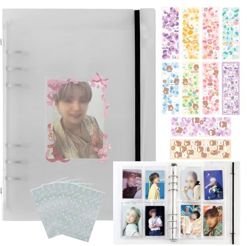 Lora Rossie Kpop Photocard Binder Album with 25 Inner Pages, 50 Pcs Holographic Photocard Sleeves, 10 Sheets Cute Korean Stickers, A5 Size, Transparent