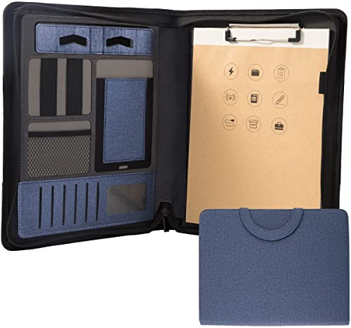 Leder-Padfolio-Portfolio mit [Reißverschluss] [Griff] [4-Ringbuch] und [Klemmbrett], Business-Konferenz-Organizer, Notizblock, Ordnertasche für Damen/Herren (ohne Batterie, blau)