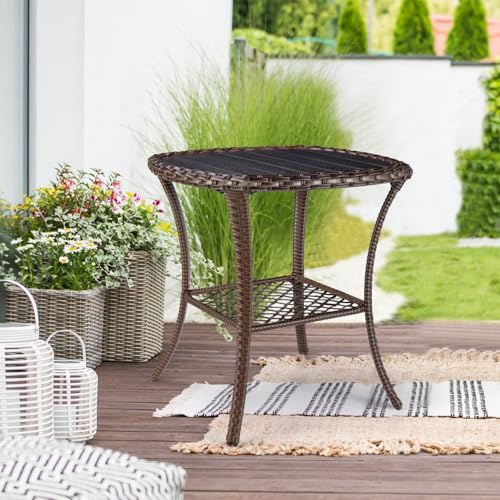 Outdoor Side Table Patio Wicker Coffee Table Outdoor End Table Rattan Bistro Table with Storage & Poly Lumber Table Top Square for Outside Balcony Porch Backyard Deck Brown