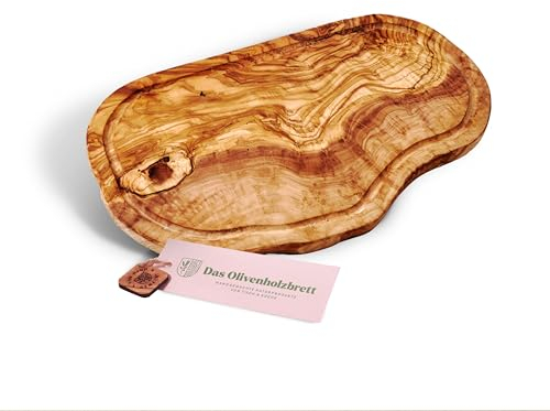 DAS OLIVENHOLZBRETT® Olivenholz Schneidebrett mit Saftrille/Servierbrett aus Olivenholz/Steakbrett/Olivenholzbrett mit Saftrille/Naturschnitt/ca. 50-54cm lang, 23-27cm breit