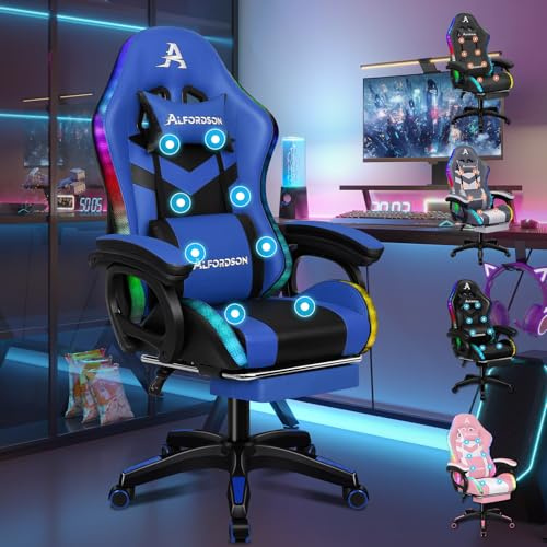 ALFORDSON Gamer-Stuhl Gamer Stühle RGB LED Racing PC-Gaming-Sessel Massage Bürostuhl ergonomisch Schreibtischstuhl Fußstützen, 90-150°Neigungswinkel,180 kg belastbar, Blau