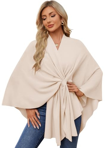 PULI Dam elegant poncho stickad ponchos capes öppnas fram mångsidig sjal med flik, Beige, En Storlek