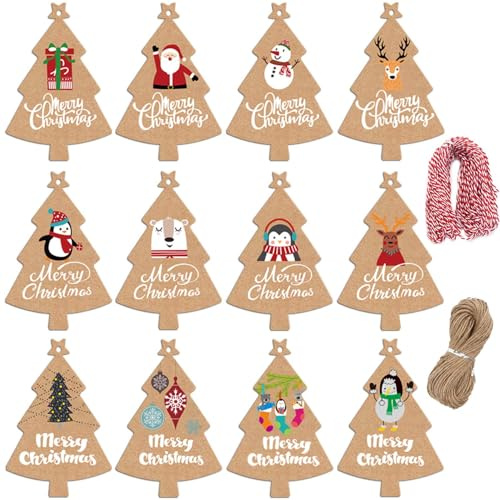 SULOLI 120 Pezzi Etichette Regalo Natale,Etichetta Carta Kraft Paper Tags con Filo di Cotone e Spago per Decorazioni Fai da Te (Carta Kraft 1)