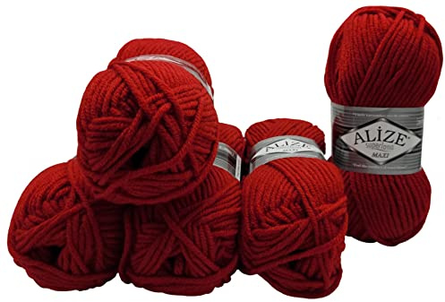 5 x 100 Gramm Ilkadim Export Superlana Maxi Strickgarn einfarbig, 500 Gramm Strickwolle, Häkelgarn 75% Acryl 25% Wolle, extra dick (rot 56)