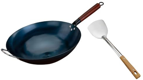 SiaBiced Padella Wok, Padella per Cottura, Manuale di Cottura, Padella in Ferro Battuto, Non Rivestita, Antiaderente, Wok a Fondo Tondo, Diametro 36cm
