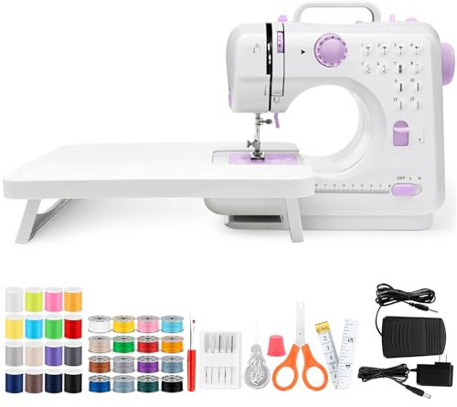 Nähmaschine mit Anschiebetisch, Mini-Nähmaschine, tragbare elektrische Nähmaschine, 12-Stiche-Nähmaschine mit LED-Licht, Nähzubehör-Set, ideal für Kleidung, Kissenbezüge, Bettlaken