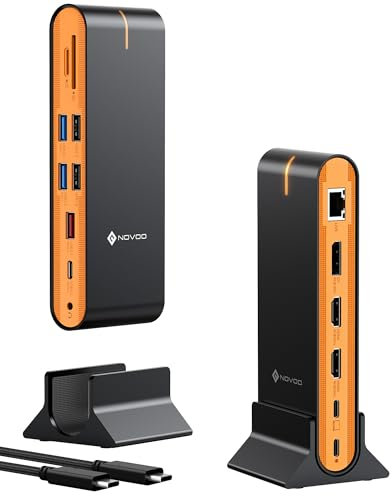 NOVOO 15-in-1 Vertical/Horizontal USB C Docking Station Triple Monitor – 8K@30Hz DP, Dual 4K@60Hz HDMI, 10Gbps USB-A/C, SD/TF, 1Gbps Ethernet,Dual Monitor Adapter Dock for MacBook, Windows Laptops