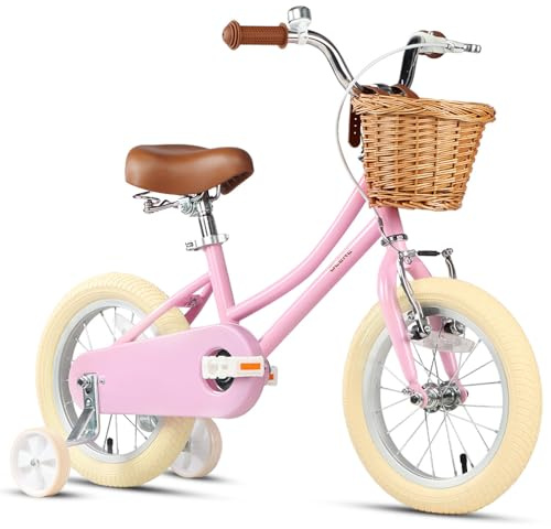 Glerc 12 Zoll Kinder Mädchen Fahrrad für 2 3 4 Jahre alt kleine Mädchen Retro Vintage-Stil Fahrräder mit Stützrädern und Glocke, Rosa