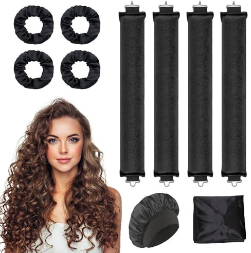 4 Pcs Heatless Curlers, Overnight Heatless Curls Blowout Rods with Scrunchies Shower Cap Bag, Curlers All Hair Types Women Long Hair Styling Tools