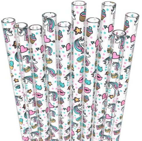 10 Short Reusable Hard Plastic Unicorns Drinking Straws, Medium Width + Sturdy Cleaning Brush - for Cocktails, Small Cups, Kids Drinks - Dishwasher Safe BPA Free