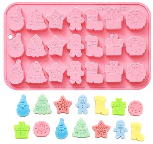 PTaizjjz Christmas Silicone Mold,1 Pack 21-Cavity Xmas Chocolate Mold | Santa Claus Gingerbread Man Christmas Tree Star Wreath Stocking and Gift Shape Molds for Chocolate,Candy,Jelly DIY