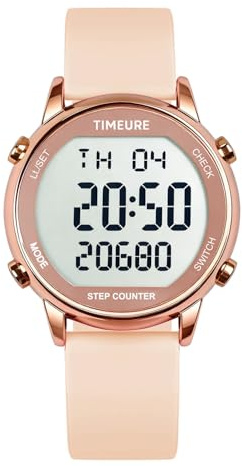 TIMEURE Pedometer Watch for Women, Step Counter for Walking No App/Phone Required Step Counter, Waterproof Fitness Calorie Tracker, Distance Tracking, Alarm, Large Digital Display, TU-2509 (Pink)