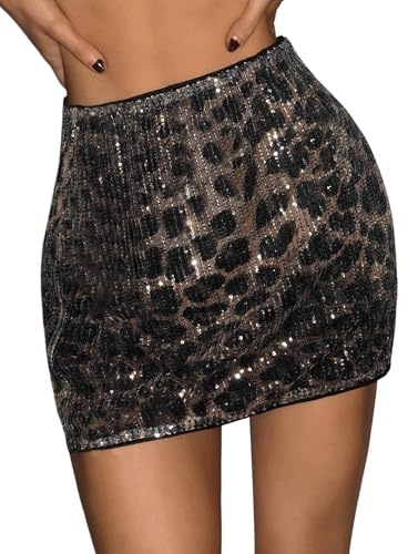 GORGLITTER Gonna con paillettes da donna Sexy Leo Minigonna Festival Gonna Rave Outfit Gonna Glitter Leopardo Gonne Festa Techno, marrone, XS