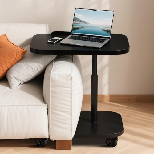 Frstem Beistelltisch mit Rollen Höhenverstellbar Rechteckiger Mobiler Couchtisch für Wohnzimmer Schlafzimmer Als Side Table Laptop Stand Computertisch Nachttisch Mit Holzoberfläche