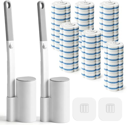 2 Pack Disposable Toilet Brushes, Toilet Brush & Holder Set with 48 Refills | Wall-Mounted Toilet Wand with Extended Handle, Deep Cleaning Brush Kit for Bathroom Hygiene, Ideal for Home, Office, Hotel
