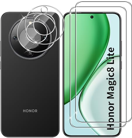Lutree Cristal Templado para Honor Magic 8 Lite 5G, 2+2 Piezas Protector de Pantalla + Protector de Lente de Cámara, Dureza 9H HD Anti-Arañazos Vidrio Templado Película Protectora