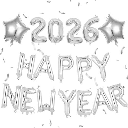 Happy New Year Deko Ballons Silber, Silvester Deko 2026 Luftballon Set, Silvester Dekoration 2026 Folienballon Zahlen Silber, Happy New Year Folienballon für Neujahr Party Stern Altjahrabend Balloon