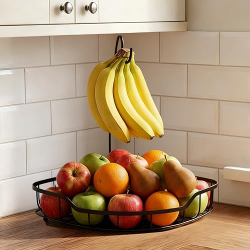 MYHOGOOD Fruit Bowl for Kitchen Corner Storage with Banana Holder Hook, Durable Kitchen Countertop Organizer for Fruits Vegetables, Thickened Metal Wire Fruit Basket, Black