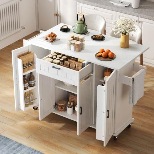 Merax Isola cucina con piano di lavoro pieghevole - Carrello da cucina su rotelle, armadio da cucina con 4 ante, 1 cassetto, portaspezie e porta asciugamani, armadietto per cucina e sala da pranzo