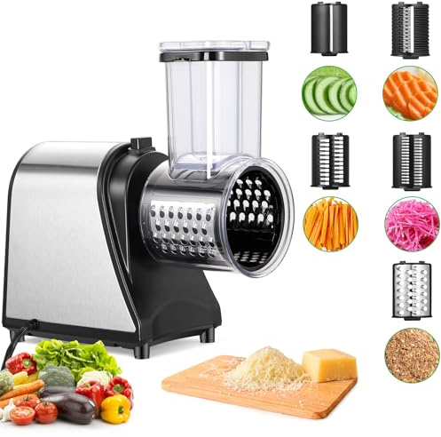 Rallador de Queso Eléctrico 250W & Cortador de Verduras - 5 en 1 Cuchillas para Verduras, Frutas y Queso | Máquina para Ensaladas con Operación One-Touch
