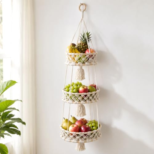 Junrvivy Makramee 3 Stöckig Obstkorb Etagere Hängend - Hängekorb Obst aus Baumwolle Boho Obstnetz für Gemüse und Obst Hängekorb Küche Aufbewahrungskorb zum Aufhängen Weiß 110 cm Wohnzimmer Badezimmer
