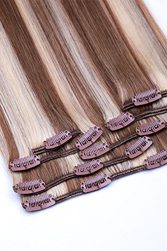 Clip In Extensions Set 100% Echthaar 7 teilig 70g Haarverlängerung 45cm Clip-In Hair Extension Nr. 12/613 Hellbraun Blond gesträhnt