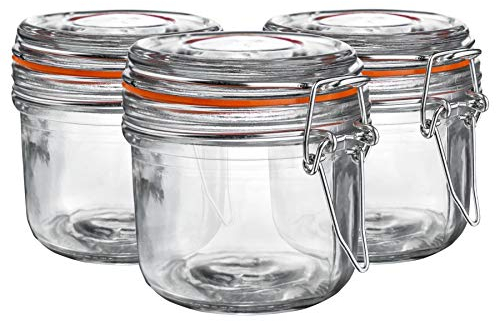 Argon Tableware Glass Jars with Airtight Metal Clip Lid - 200ml/6.7oz - 6 Pack - 4 Colour Seals - Small Kitchen Storage Container Round Preserving Jar for Pickling, Chutney, Jam, Coffee