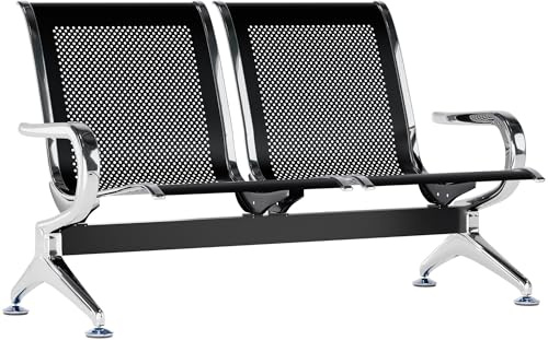 CLP Panca d'attesa per aeroporti, panca con struttura in metallo in look cromato, robuste sedie d'attesa con schienale e braccioli, Colore:nero, Dimensione:2 posti
