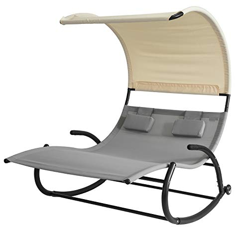 SoBuy Schaukelliege 2 Personen ergonomische Bäderliege Sonnenliege mit Dach und 2 Kopfstützen mit Rollen Relaxliege für Garten, Terrasse Grau Belastbarkeit 300 kg BHT ca. 140x180x184cm OGS50-HG