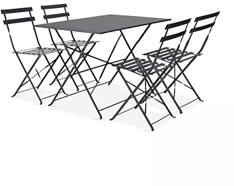 Oviala Gartentisch Bistrotisch und 4 Klappstühle, grau, rechteckig, 110 x 70 x 71 cm, Stahl, 4-Sitzer Rome
