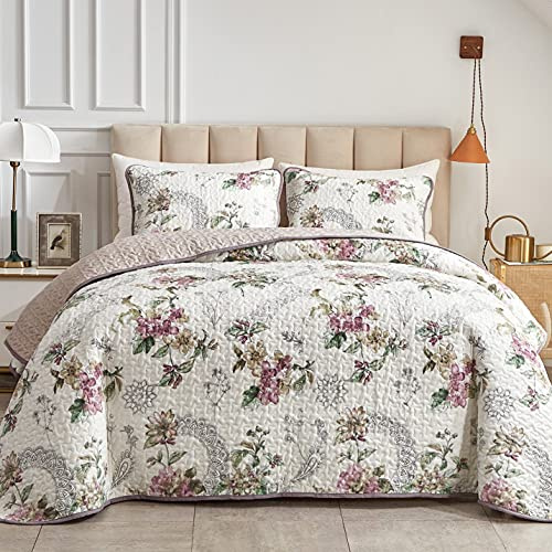 Flysheep 3 Pieces Quilt Set Full/Queen Size, Beige Floral Reversible Bedspread Coverlet Set, Soft Microfiber Lightweight Bed Cover for All Season (90 x 90, 1 Quilt+ 2 Pillow Shams)