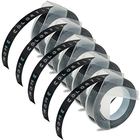 Kompatibel Prägegerät Etiketten als Ersatz für Dymo Prägeband 9mm x 3m Selbstklebendes Vinyl Etikettenband Arbeiten für Dymo Omega Junior etikettiergerät prägegerät, Weiß auf Schwarz, 5 Stück/Packung